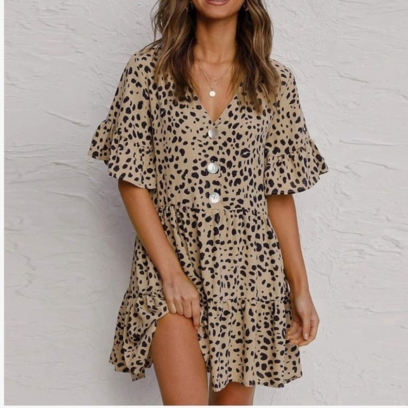 3/$25 🎈Amazon sundress leopard print swing dress with ruffles on sleeves - Picture 1 of 7
